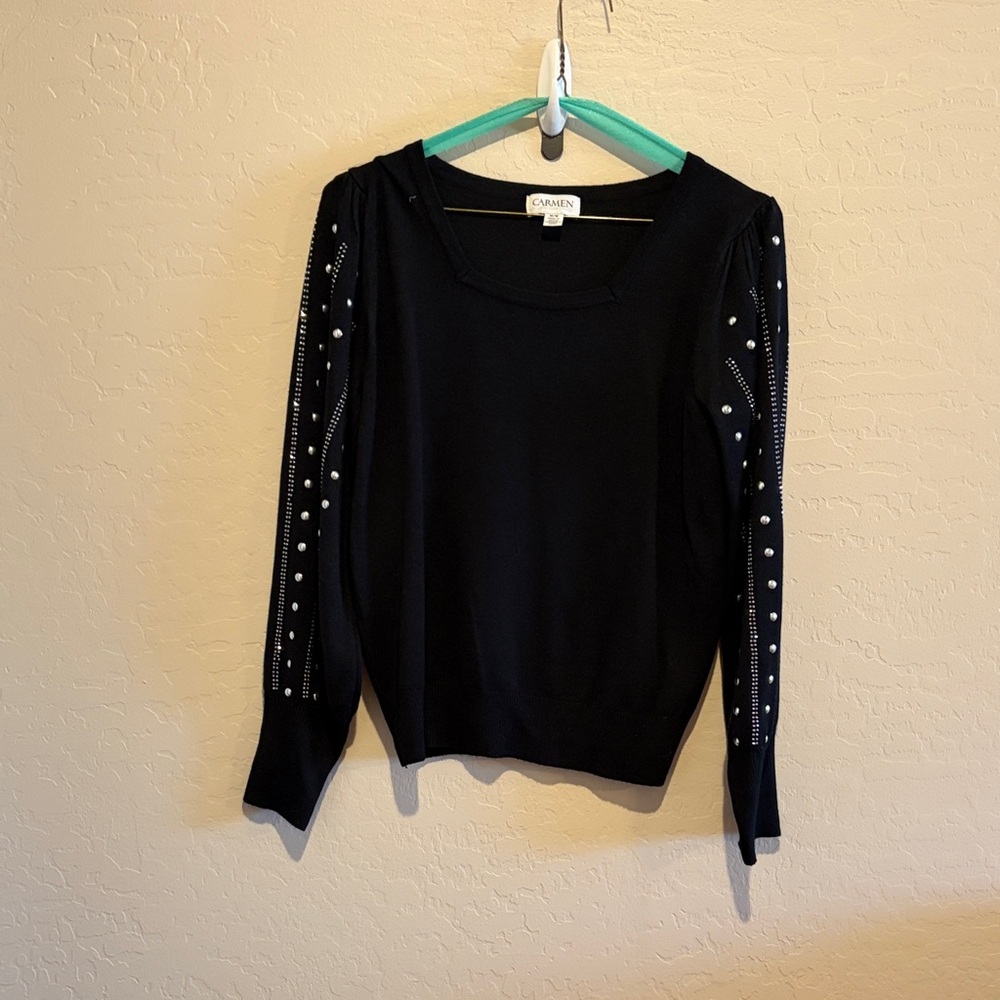 Carmen  Elegant Black Long Sleeve Top with Pearl Accents